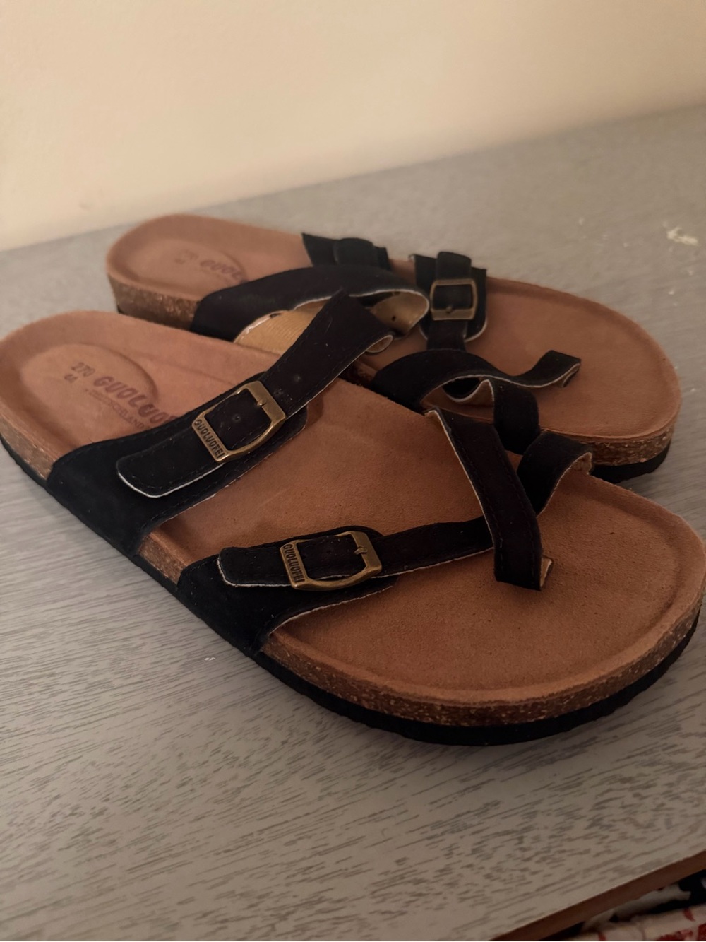 Black Strappy Buckle Sandals - Women's Comfort Slide